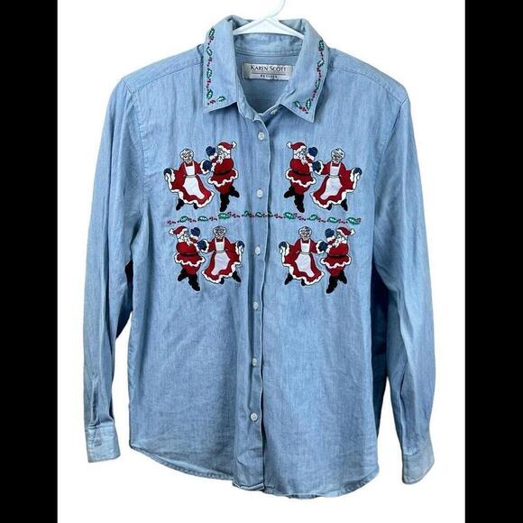 Karen Scott Christmas Button Up Shirt Womens Size 8P Blue Denim Santa Ms Claus - Picture 1 of 3